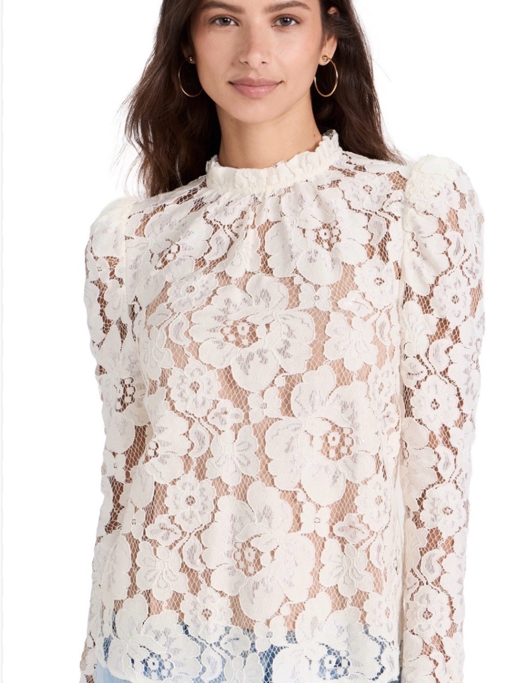 Wayf Emma Puff Sleeve Cream Floral Lace Long-Sleeve Blouse